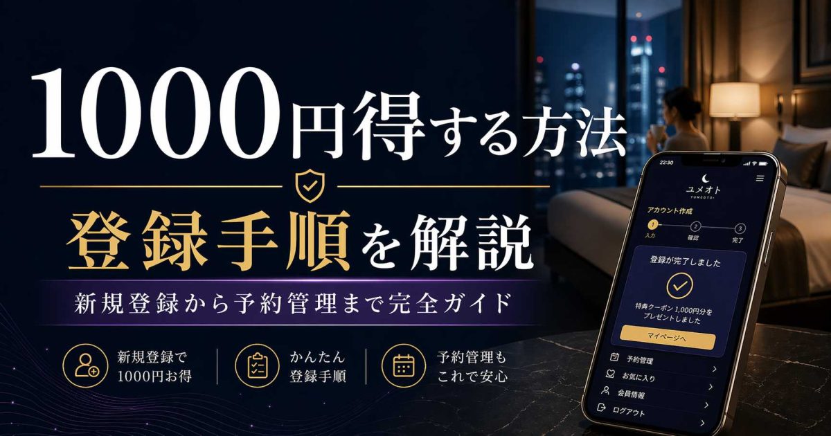 ユメオトに公式より1000円得に新規登録する手順と予約管理の方法を解説する記事のアイキャッチ