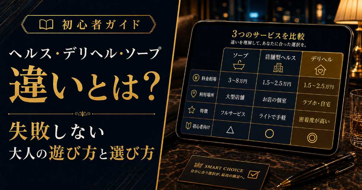 ヘルス・デリヘル・ソープの違いと失敗しない大人の遊び方や選び方を解説する記事のアイキャッチ