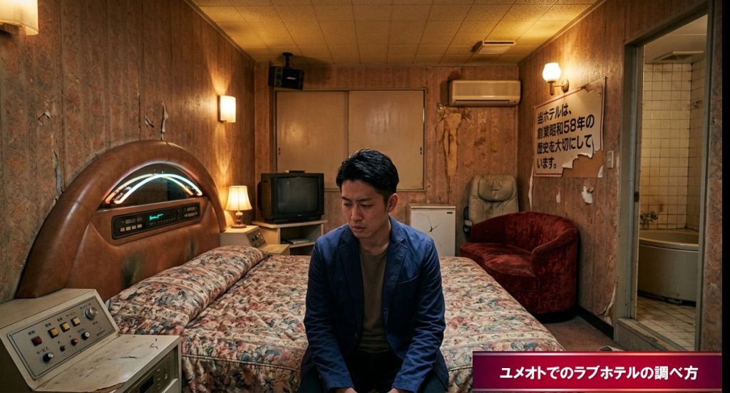 ラブホテルに入ったけれど設備が古すぎて落胆している男性のイメージ図