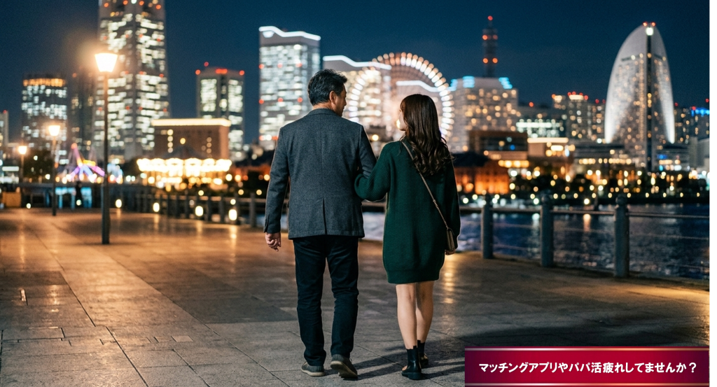 中年男性が横浜でマッチングアプリを利用して若い女性とデートをしているイメージ図