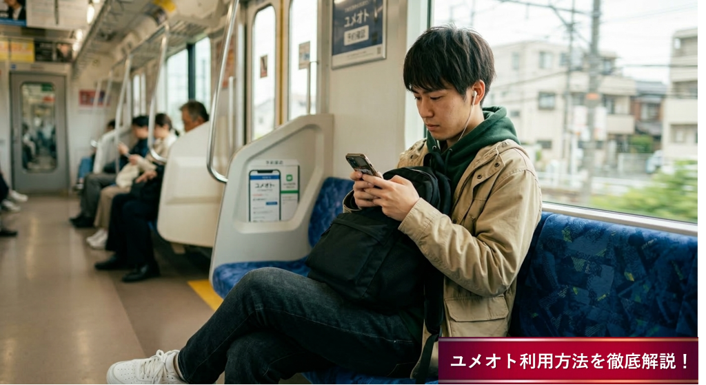電車でホテルに向かいながらユメオトの予約確認をしている男性