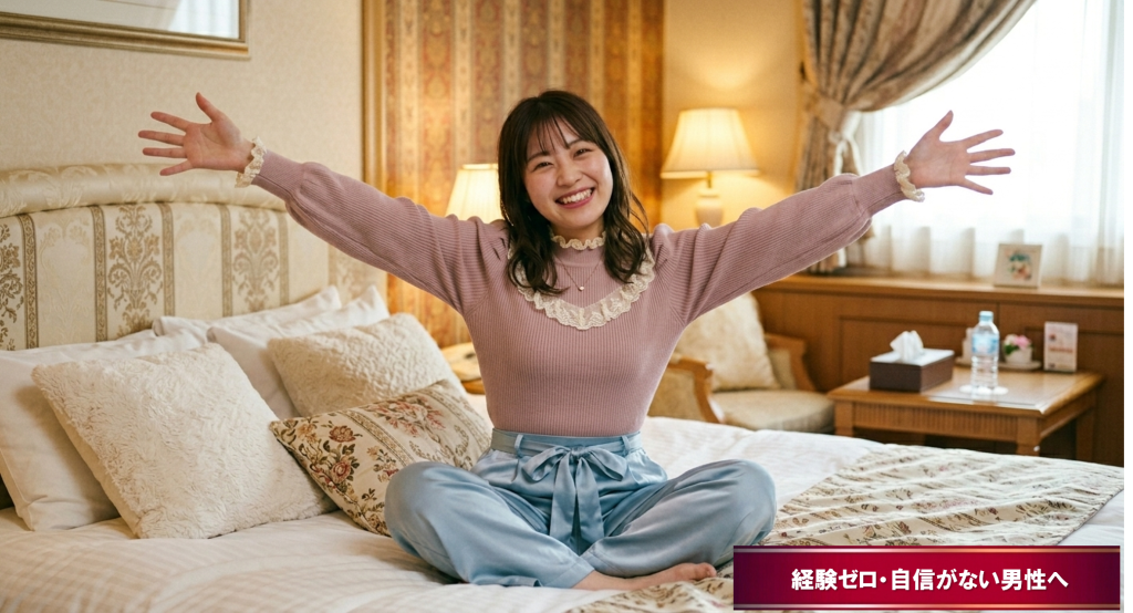 ユメオトで予約した女性がホテルのベッドの上で優しく抱擁を待っているイメージ図