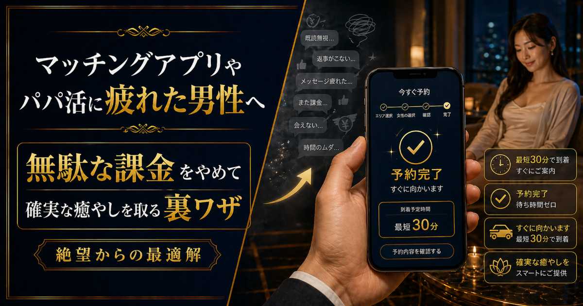 マッチングアプリやパパ活に疲れた男性向けに無駄な課金をやめて確実な癒やしを得る裏ワザを解説する記事のアイキャッチ