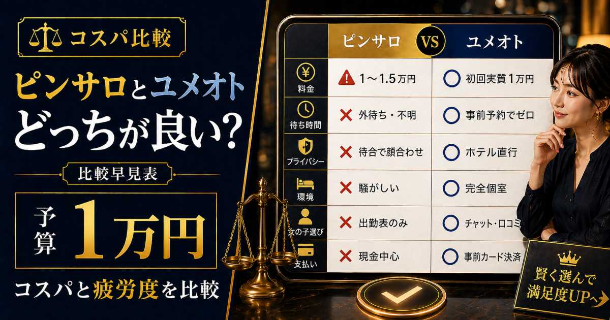 ピンサロとユメオトを予算1万円で比較するコスパと疲労度比較記事のアイキャッチ