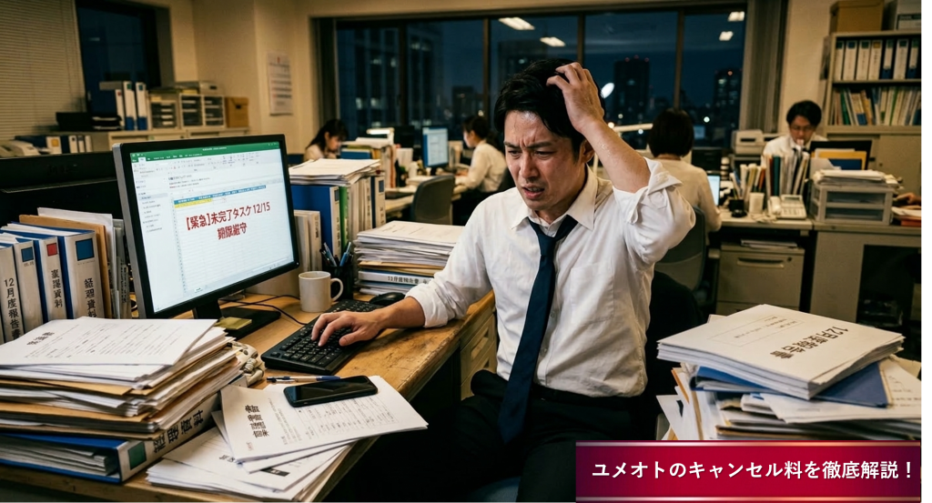 ユメオトの予約をしているのに、仕事が終わらなくてキャンセル料が気になる男性