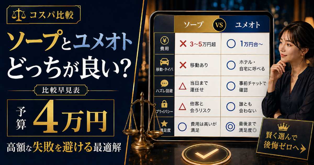 ソープとユメオトを予算4万円で比較するコスパ比較記事のアイキャッチ