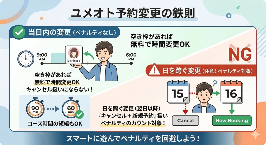 ユメオトの予約においてキャンセルペナルティが発生しそうな場合において、ペナルティを避ける裏技を伝えるイラスト