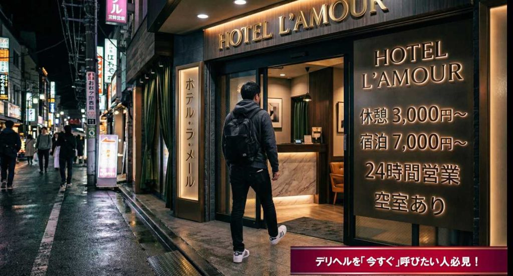 夜に女の子と遊びたくなりラブホテルに入室する男性のイメージ図