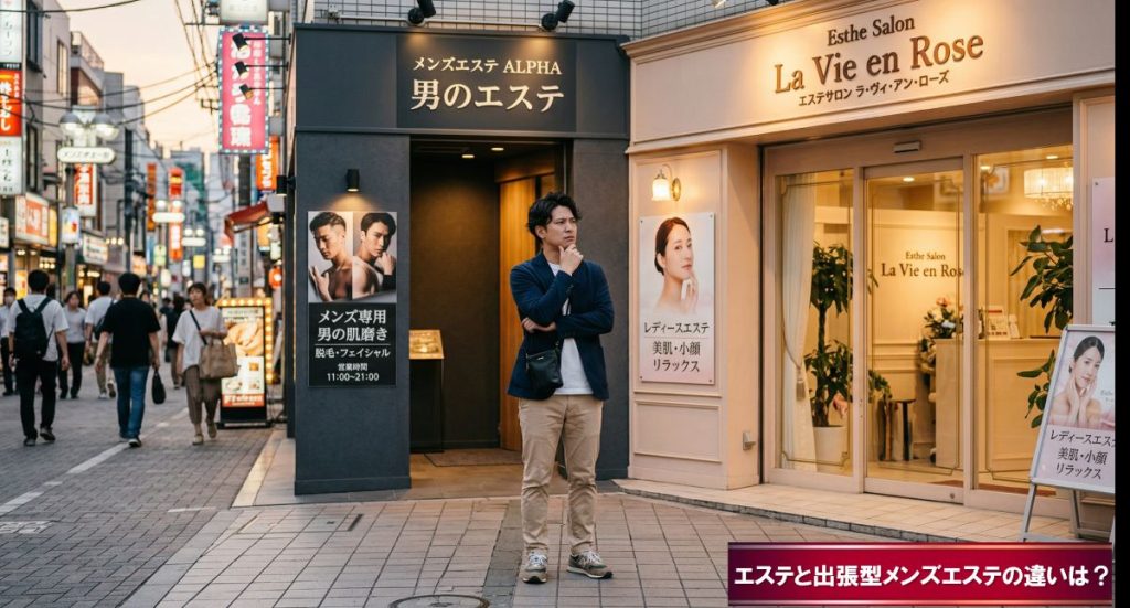 エステと出張型メンズエステの違いが判らず悩む男性のイメージ図