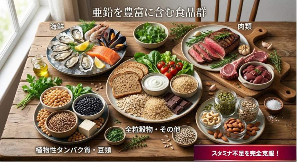 精力を改善するために、亜鉛を多く含む食品のイメージ図